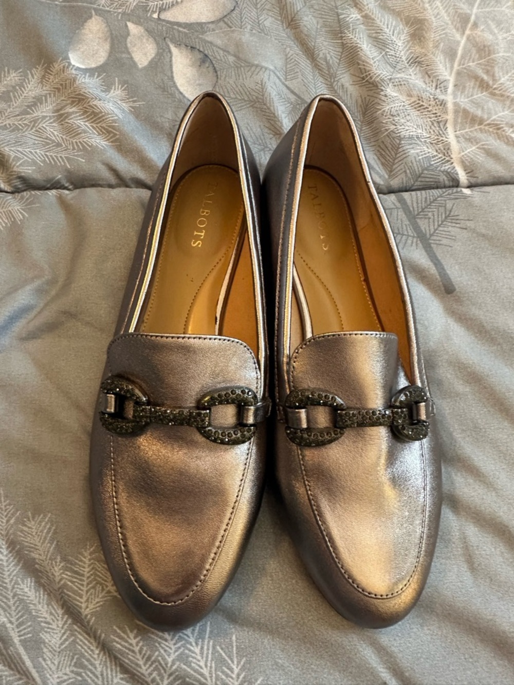 Talbots Metallic Pewter Loafers with Black Embellished Bit